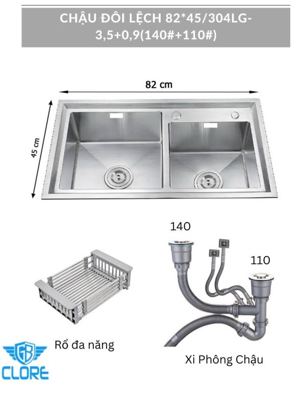 Chậu đôi hố lệch kích thước 82×45